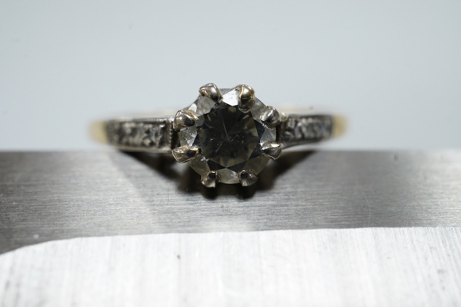 A diamond ring, mid 20th century, claw-set with a circular-cut diamond weighing approximately 0.50 carats, to shoulders set with single-cut diamonds, mounted in gold, size O, inscribed 'Molly 16-10-37 John', gross weight